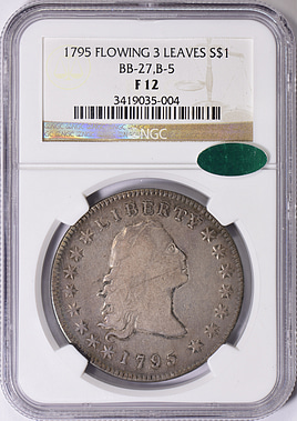 1795 Flowing Hair Silver Dollar B-5 BB-27 3 Leaves NGC F-12 (CAC Green)