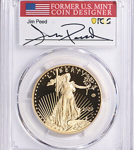 2020-W $50 One-Ounce Gold American Eagle - v75 Privy 1 of 1945 Struck First Day of Issue PCGS Proof-70 DCAM (Jim Peed Signed Flag Label)