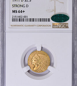 1911-D Indian Gold Quarter Eagle Strong D NGC MS-64+