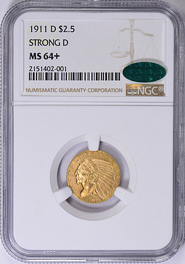 1911-D Indian Gold Quarter Eagle Strong D NGC MS-64+